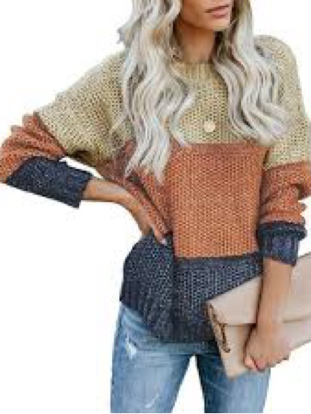 Fashion Colorblock Crewneck Sweater in Cream, Rust & Charcoal Size XL